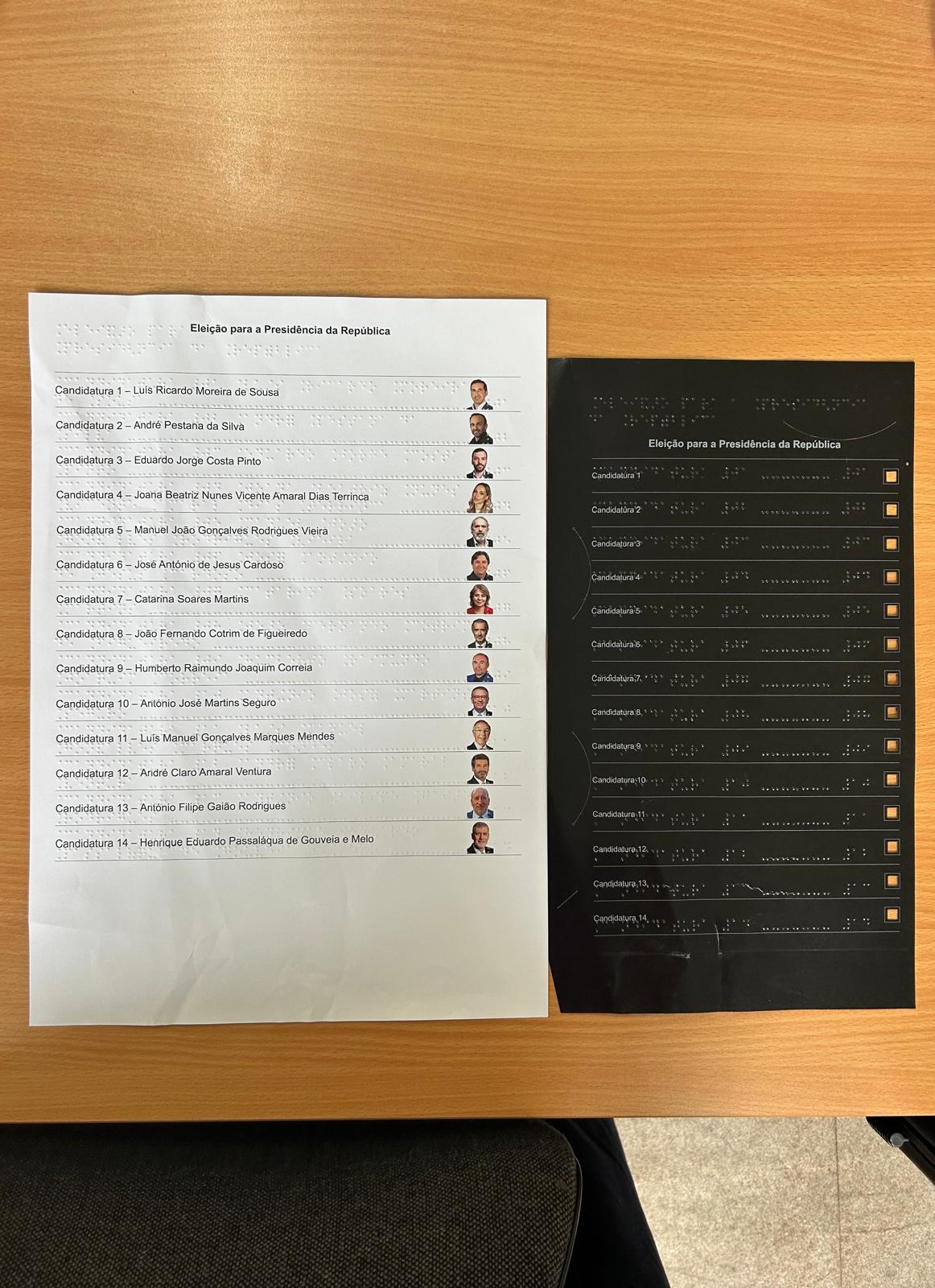 Duas folhas com listas de candidatos para uma eleição, sobre uma mesa de madeira. À esquerda há uma folha branca com o cabeçalho “Eleição para a Presidência da República”. Abaixo, aparece uma lista numerada de “Candidatura 1” até “Candidatura 14”, cada linha com o nome completo do candidato e um pequeno retrato (foto tipo passe) do lado direito. Há também pontos em Braille distribuídos pelas linhas. À direita há uma folha preta, também com o título “Eleição para a Presidência da República”, com linhas e pontos em Braille e, à direita de cada linha, pequenos quadrados com caixas para assinalar o voto. 